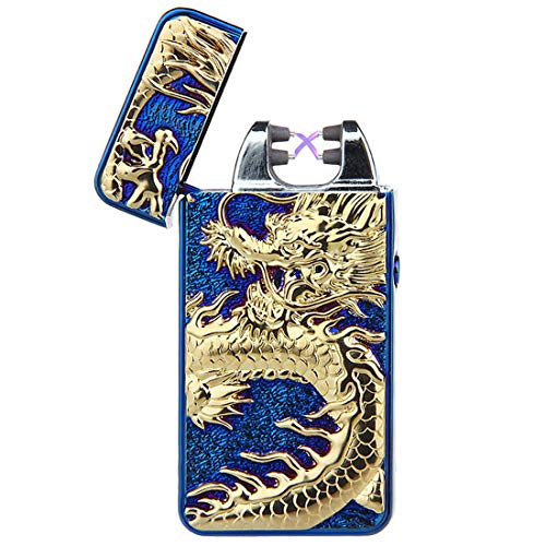 Pard Relief Dragon Windproof Cross Arc Lighter, USB Rechargeable Flameless Electronic Pulse Arc Cigarette Lighter, Blue