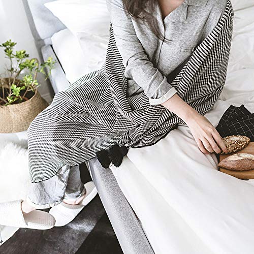 Weiche Baumwolldecke Erwachsene Häkelgarn Strickdecken Schlafende Tagesdecken Klimaanlage Decke Babys Quaste,Schwarz,130x160cm