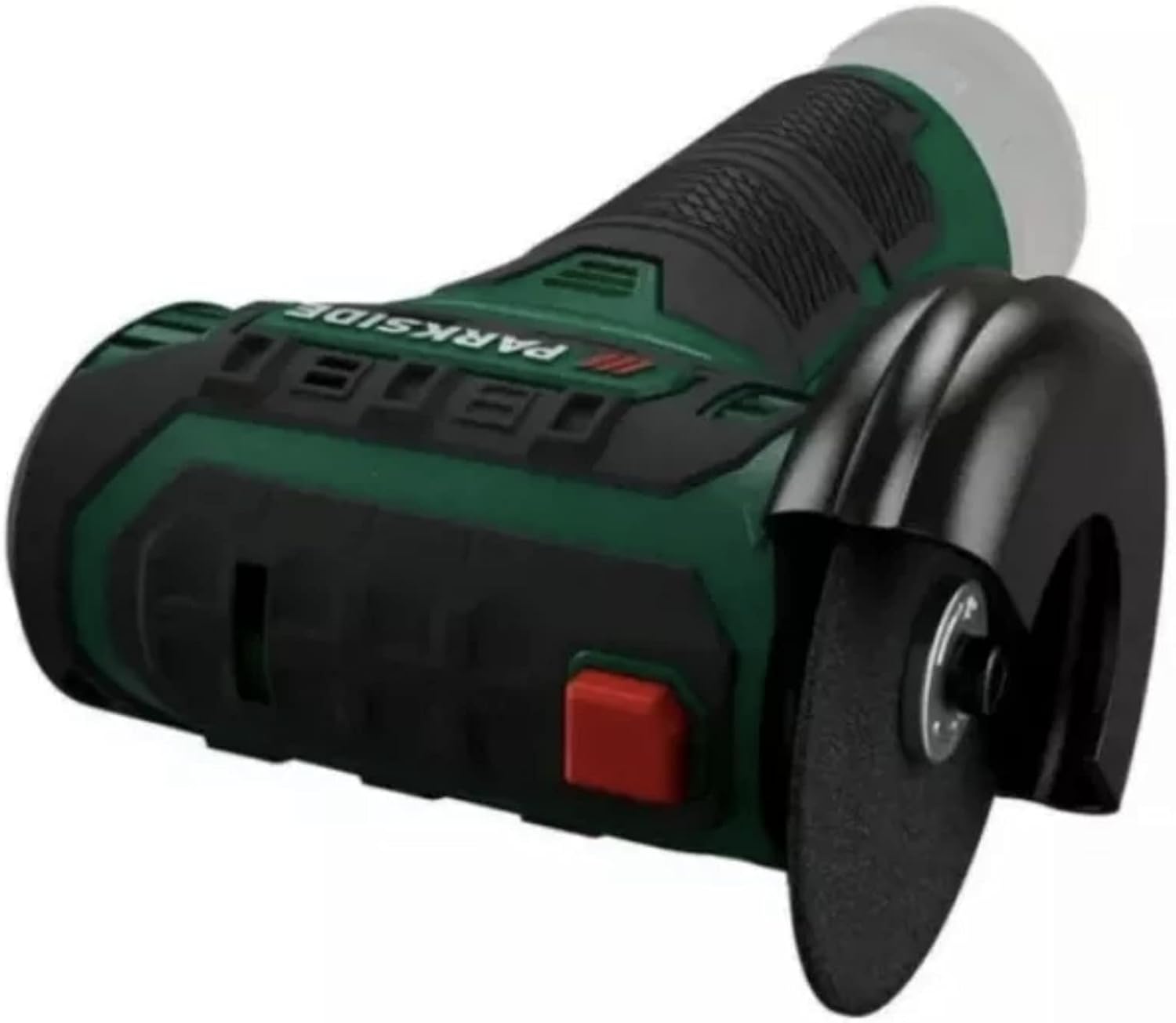 Parkside angle grinder showing the cutting disc and guard