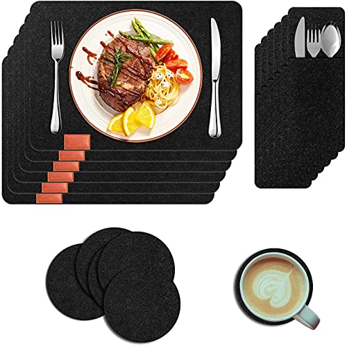 Sets de Table en Feutre, Lot de 18 Sets de Tables Imperméables Résistant à la Chaleur,Coaster et Sacs à Couverts,Antidérapant,Facile Nettoyer,pour Dîners de Famille, Restaurants,Noir Cover