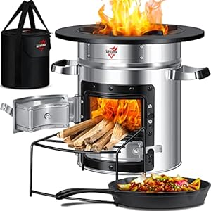 KESSER® Raketoven incl. grillpan van gietijzer met draagtas Dutch Oven BBQ raket houtkachel camping kooktoestel campinggrill roestvrij staal zilver