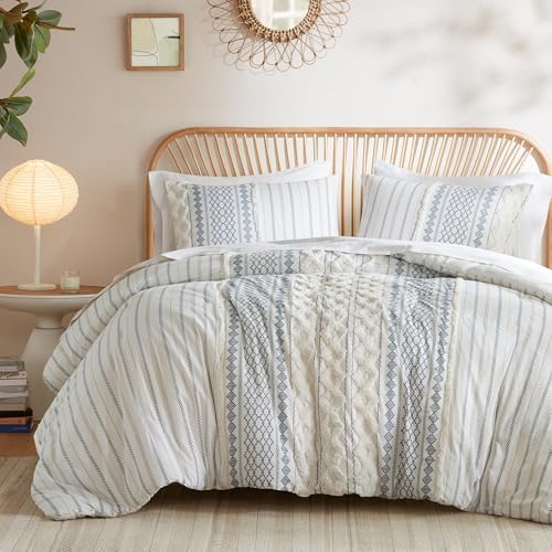 Image of Ink+Ivy King Comforter Set, Boho Comforters, Breathable Cotton Bed Set, All Season Modern Chenille Tufted Comforter with Farmhouse Bedding Flare, Gifts for Woman, White /Navy 3 Piece