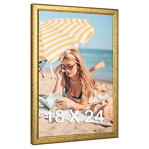 MOUDAMION Wood 18x24 Frame Gold Ornate Natural 24x18in Poster Picture Frame Modern Golden 18 x 24inch Gallery Wall Photo Frame with HD Plexiglass Horizontal Vertical Wall Mounting Display 1pcs