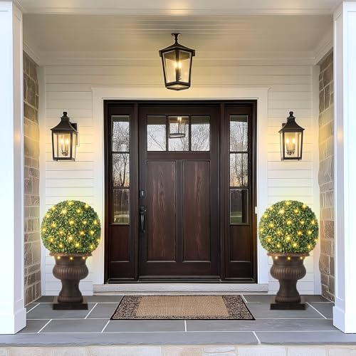 20” Artificial Plant Topiary Ball, Pre-Lit Artificial Topiary Plant with 50 Lights, Timer and Remote Control, Artificial Outdoor Porch Trees with Sturdy Pot for Outdoor Indoor,Red Urn Base 2 pcs