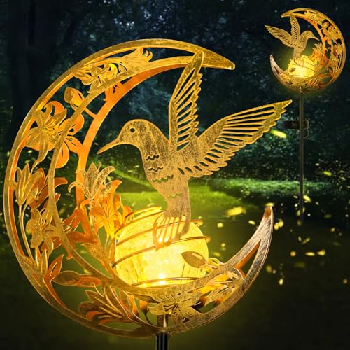 Solar Lights Outdoor Moon Hummingbird Gift Garden Outdoor Decor Gifts for Women Mom Grandma Moon Solar Crackle Glass Stake Lights Solar Garden Decoration for Yard Patio Backyard Porch Lawn