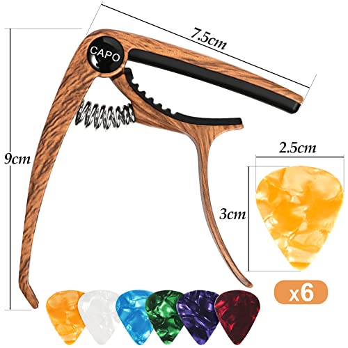 Image of Acoustic Guitar Capo with 6 Guitar Picks, Wood Grain