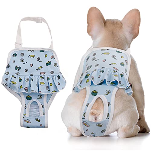 Image of QBLEEV Female Dog Diapers with Adjustable Suspenders, Escape Proof Diapers | Washable Sanitary Panties for Dogs in Heat or Incontinence, Reusable Period Underwear Onesie, Tail Hole & Stay on, Blue, S