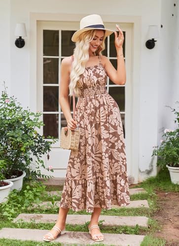 Image of GRACE KARIN Summer Dresses for Women 2026 Vacation,Smocked Floral Maxi Dress,Boho Beach Sundress with Pocket Fashion Clothing