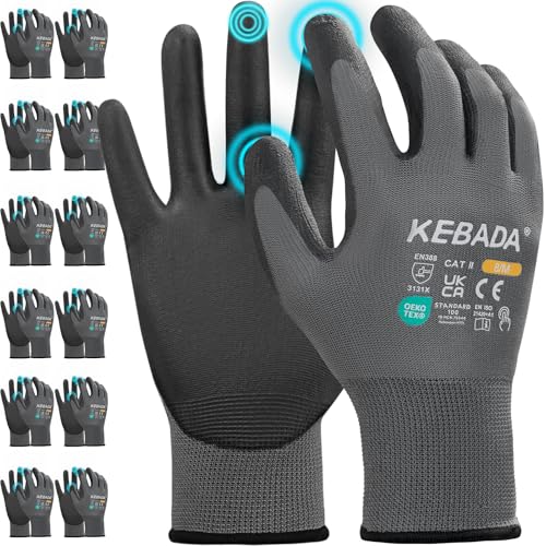 Kebada Arbeits Handschuhe für Männer und Frauen, PU-beschichtete Touchscreen-Sicherheitshandschuhe mit Grip, ideal für Gartenarbeit, Mechaniker, Lager, Fahren, Bauwesen, Fertigung, Grau, 12 Paar, L