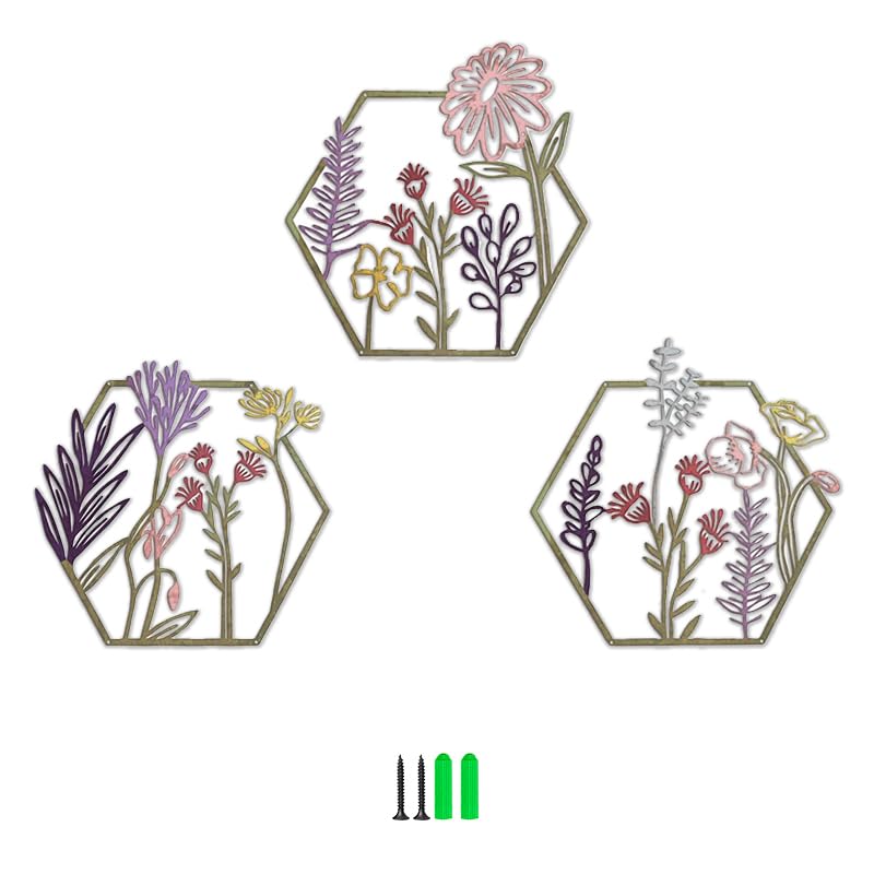 HASTHIP® 3Pcs Modern Colorful Floral Hexagon Wall Decor,Wrought Iron Metal Wall Hangings Set,32x32cm Cut-Out Art Decorative Decor Items for Living Room Bedroom & Office