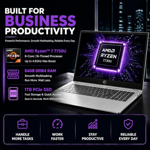 Image of HP 15.6 inch FHD Touchscreen Laptop • AMD Ryzen 7 Processor • 64GB RAM • 1TB SSD • Copilot AI • Windows 11 • Wi-Fi 6 • Microsoft 365 • Lightweight Laptop for Students, Home & Everyday Use