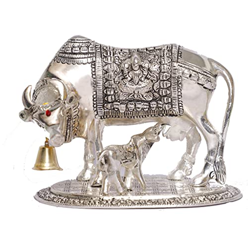 Image of KridayKraft Kamdhenu Cow with Calf Metal Statue for Good Luck, Feng Shui As Table Top Figurine, Vastu, Religious Gau Mata Idol Home, Office and Table Decorative (Silver, Standard)