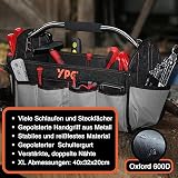 YPC Carrier Kosz na narzędzia XL – przenośna torba na narzędzia ze stabilnym dnem, wodoodporna, odporna na rozerwanie, składana, pasek na ramię z wyściółką i metalowym uchwytem, szaro-czarna, 40,5 x