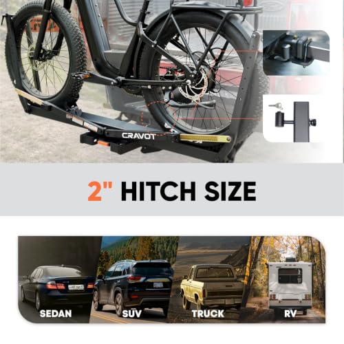 Image of CRAVOT Single Ebike Rack for Tow Hitch 1 Bike, Heavy-Duty Ebike Rack | 100lbs Capacity Fits Fat Tire Bicycle, Tire Clamp Bike Carrier with 2 Tray Arms Lock, for Car, SUV, Truck with 2 inch Receiver