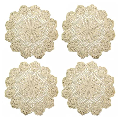 kilofly Handmade Crochet Round Cotton Lace Table Placemats Doilies Value Pack [Set of 4], Lotus, Beige