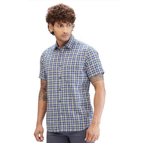 Image of Colorplus Men's Regular Fit Checks Pattern Pure Cotton Plain Collar Half Sleeve Casual Shirt