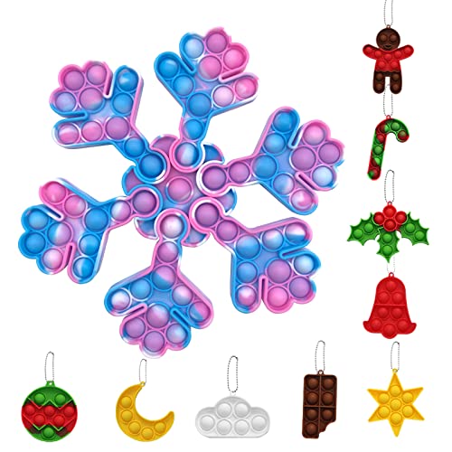 QETRABONE 16 Pack Christmas Mini Pop Keychain, Snowflake Puzzle Push Pop Bubble Fidget Toy, Keychain Bubble Pop Desk Toy, Fidget Keychain Relieve Anxiety Stress Pop Fidget Snow Toys