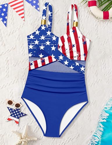 Image of Girls Swimsuit Criss Cross One Piece Swimsuits Wrap Tie Back Sheer Mesh Bathing Suit with Gold Metal Swimwear 9-16Y