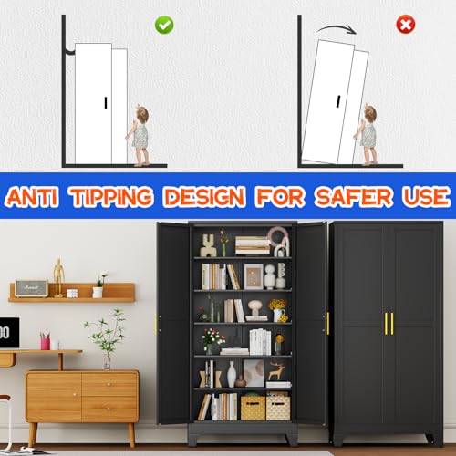 Image of GAIOUS 75.2 inch Tall Metal Storage Cabinet with 2 Doors and 5 Adjustable Shelves, New upgrade Kitchen Pantry Cabinet, Black Freestanding Cupboard, 6 Tier Steel Storage for Office, Kitchen, Dining, Garage