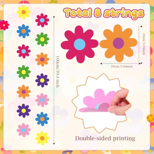 Image of Pasimy 8 Pcs Daisy Boho Party Decorations Groovy Daisy Paper Garlands White Flower Hanging Garland Banner Hippie Flower Cutouts for Birthday Shower Wedding Retro Party Favor (Hippie,Colorful)