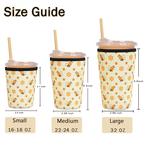 Image of Reusable Insulated Sleeve for Iced Coffee Cup, 3-Pack Coffee Neoprene Drink Sleeve for Cold & Hot Drinks, Beverage Holder for Iced Coffee (Honey Bees)
