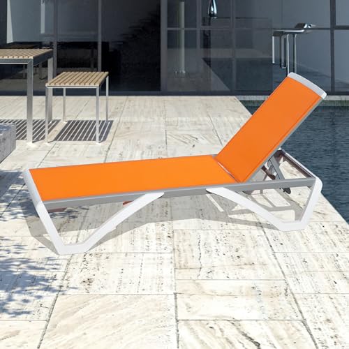 Image of Domi Outdoor Lounge Chair, Aluminum Patio Chaise Lounge with 5 Position Adjustable Backrest and Wheels, All Weather Reclining Chair for Patio, Yard, Balcony, Poolside (Orange)