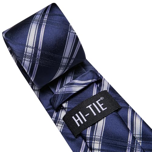 Image of Hi-Tie Men's Blue and Silver Plaid Tie Set Silk Woven Lapel Pin Pocket Square Cufflinks Sets Formal Business Wedding