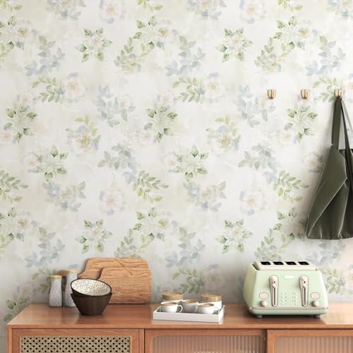 Image of Textured Wallpaper Peel and Sticks Vintage Flowers Leaves Pattern Design Floral Wallpaper,Watercolor Flowers with Leaves,Pastel Blue Green,Vintage Botanical Design Home Decor Vinyl Adhesive16.5&87inch