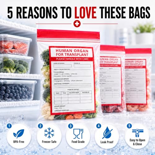 Image of Funny Human Organ Bags, 50 Pack, Organ Donor Bags & Medical Party Favors | Organ donation & transplant bags for bulk healthcare events, doctor parties and candy; BPA-free, food-grade, 7 x 9 in.