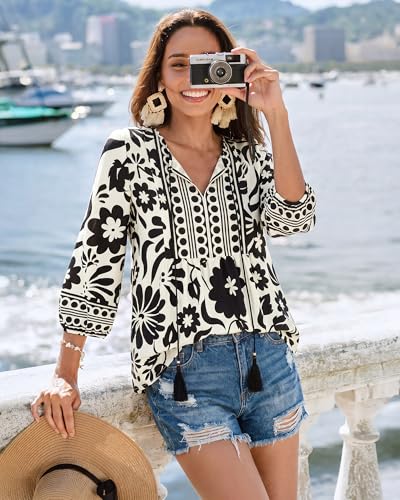 Image of Vivilli Womens Summer Boho Babydoll Tops 3 /4 Sleeve Pleated Peplum Blouses Casual V Neck Tie Front 2026 Tunic Tops