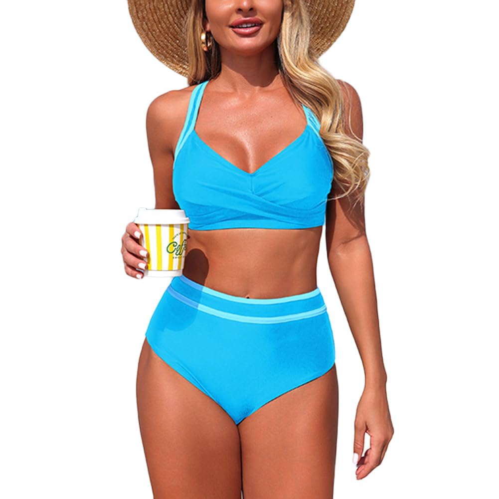 XYFfybhsd Women's High Waisted Bikini Sets Swimsuits Color Block Cheeky High Cut Bathing Suits (Size:M,Color:Blue)