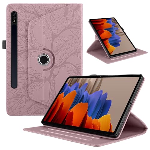 TEDTIKJT Funda para Samsung Galaxy Tab S9/ S8/ S7 11' (SM-X710/X700/T870) PU Cuero Tablets Protectora Cover 360°Carcasa Giratoria de ángulo Múltiple Stand Función Tablets Funda,Oro Rosa Árboles