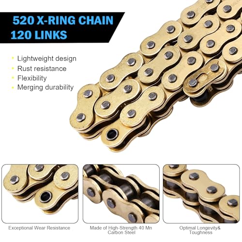 Image of Gold 520 X-Ring Motorcycle Chain 120 Links for Honda Kawasaki with Connecting Master Link - Enhanced Durability & Universal Fit