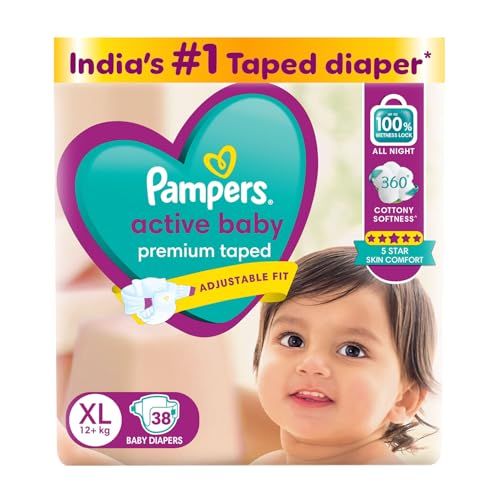 Image of Pampers Active Baby Taped Diapers, Extra Large size diapers, (XL) 38 count, taped style custom fit