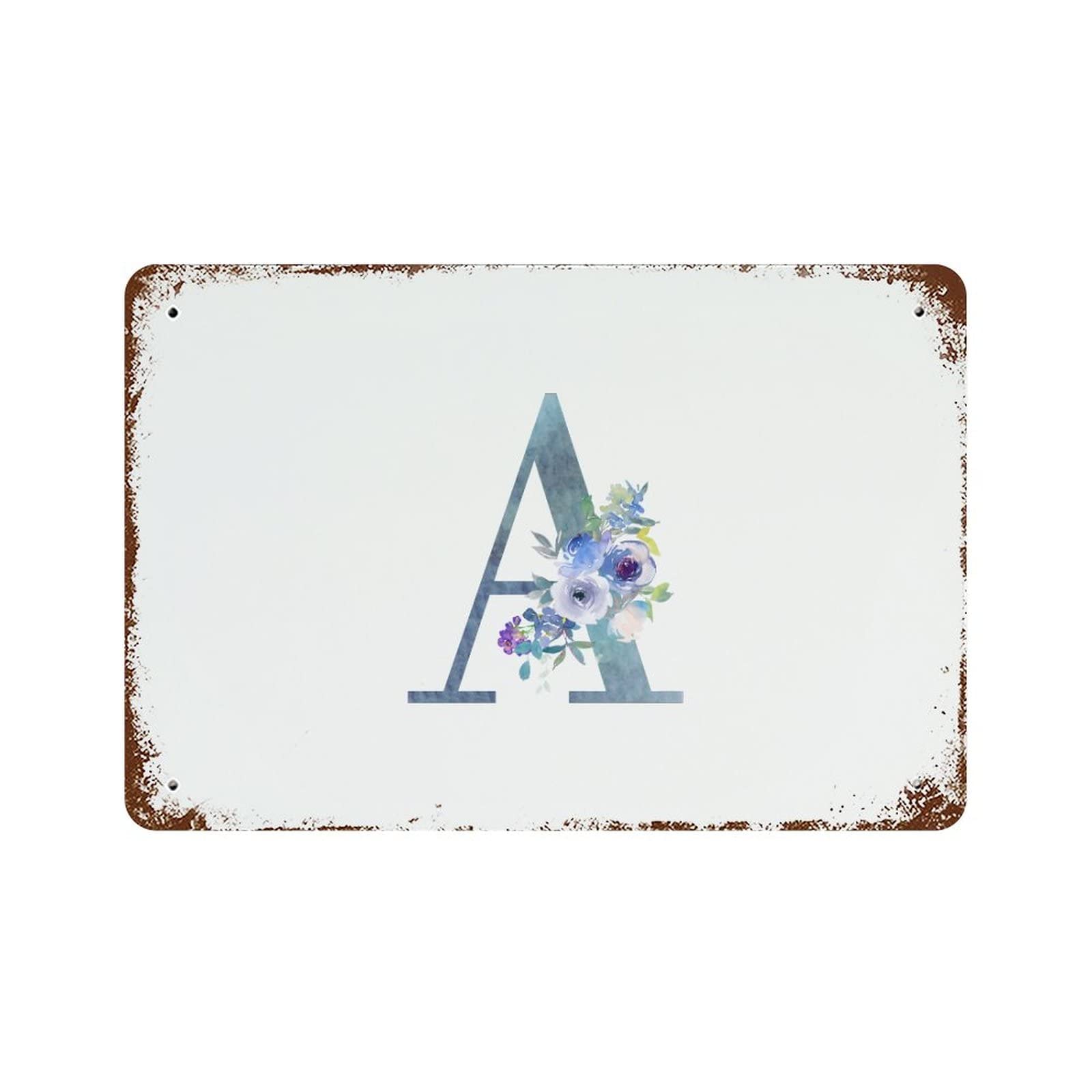 Monogramme floral lettre A encre bleue sur plaque métallique d'art