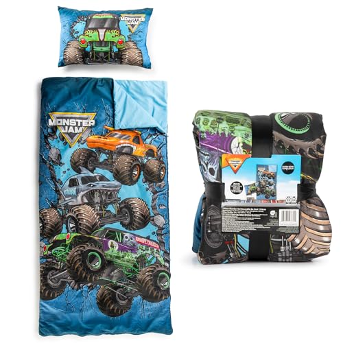 Jay Franco Kids Slumber Bag and Pillow - 54 x 27 Inch Comfy Indoor Sleeping Bag for School and Sleepovers, 2 Piece Set, Blue - Monster Jam