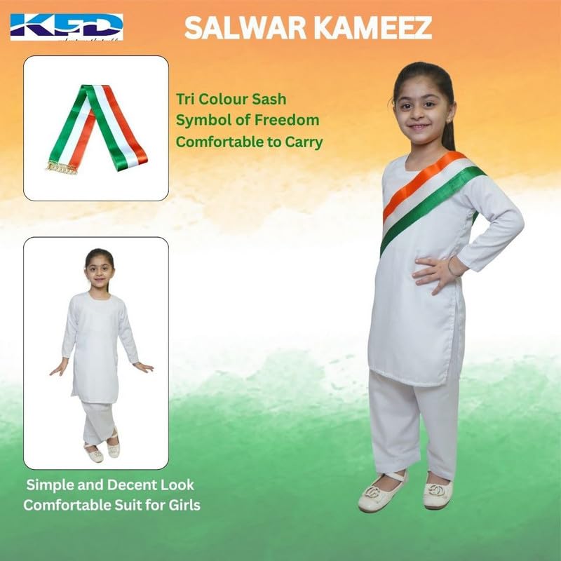 Image of Kaku Fancy Dresses Indian Wear Salwar Kameez Costume for Independence Day /Republic Day | Tri Color Dupatta Stole Pompom Set for Girls