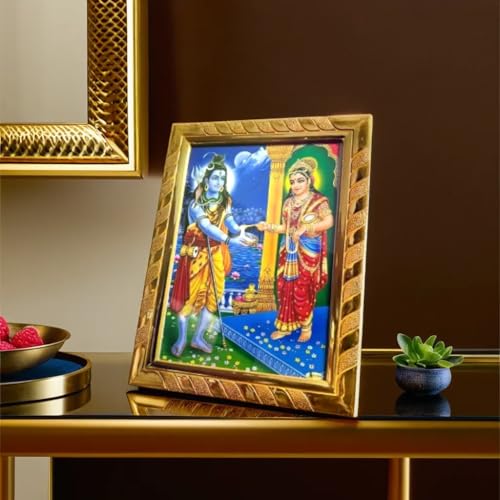 Image of Rhaa Lord Shiva with Mata Annapurna Sacred Acrylic Rectangulartabletop, wall mount Photo Frame | Blessed from Kashi Temples | Ideal Spiritual Gift for Home, Kitchen & Ann Bhandar | Golden, (20x16)CM