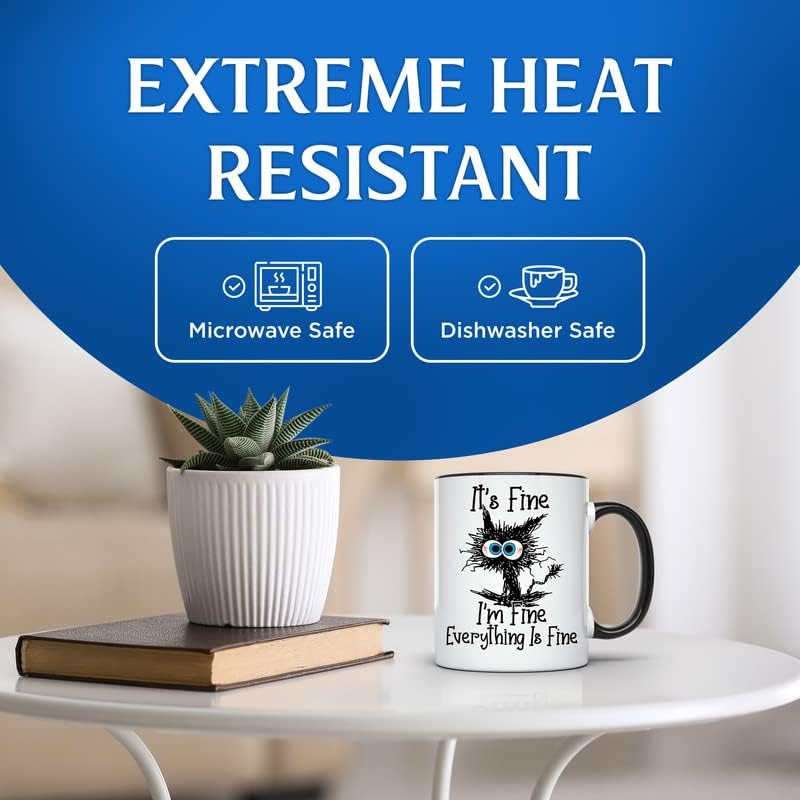 Miniatura 5 de Bliss Monkey Co. Taza de café con texto en inglés "I'm Fine Everythings", divertida taza sarcástica para amantes de los gatos, taza de café novedosa