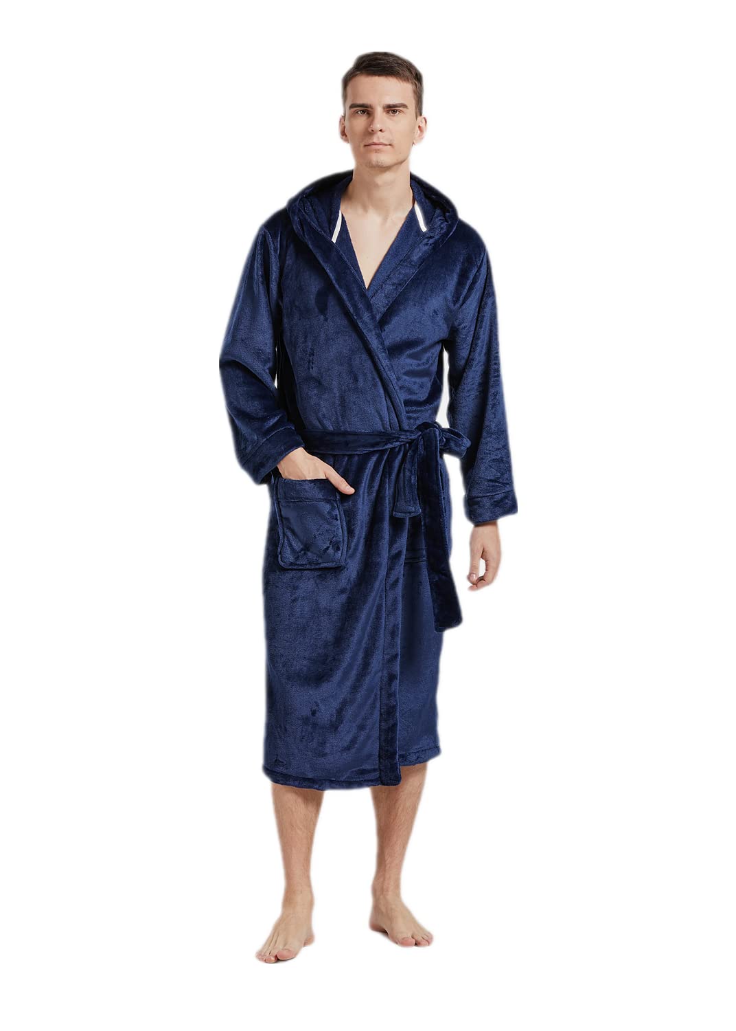 NAVARCH Mens Soft Flannel Robes with Hood, Calf Length Warm Bathrobes for Men