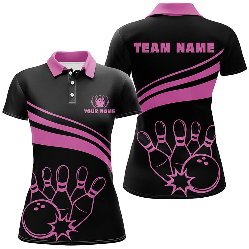 Schwarzes Männer & Frauen Bowling Trikot mit Polo & Viertelreißverschluss, Individuelles Team Jersey | Pink N6923