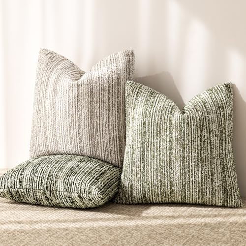 Image of Foindtower Set of 2 Faux Fur Textured Modern Throw Decorative Pillow Covers Square Accent Striped Cushion Sherpa Boho Farmhouse Pillowcase for Couch Sofa Living Room Home Decor 18x18 Inch,Dark Green