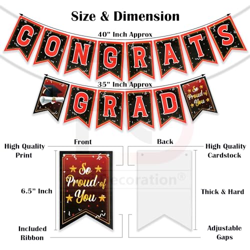 Image of Rozi Decoration Graduation Party Banner Set, Black and Red Decorative Banners Cardstock with Adjustable Ribbon, Congrats Grad Theme