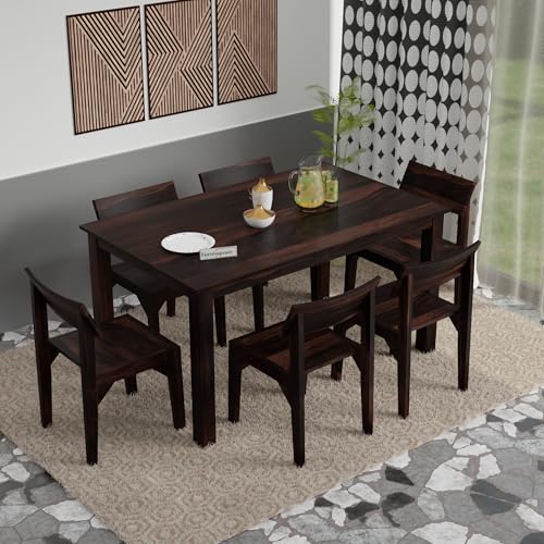 Image of Solid Sheesham Wood Dining Table 6 Seater | Six Seater Dining Table with 6 Chairs for Home | Curved Back Chairs | Dining Room Sets for Restaurants, 6 Seater Dining | Walnut Finish