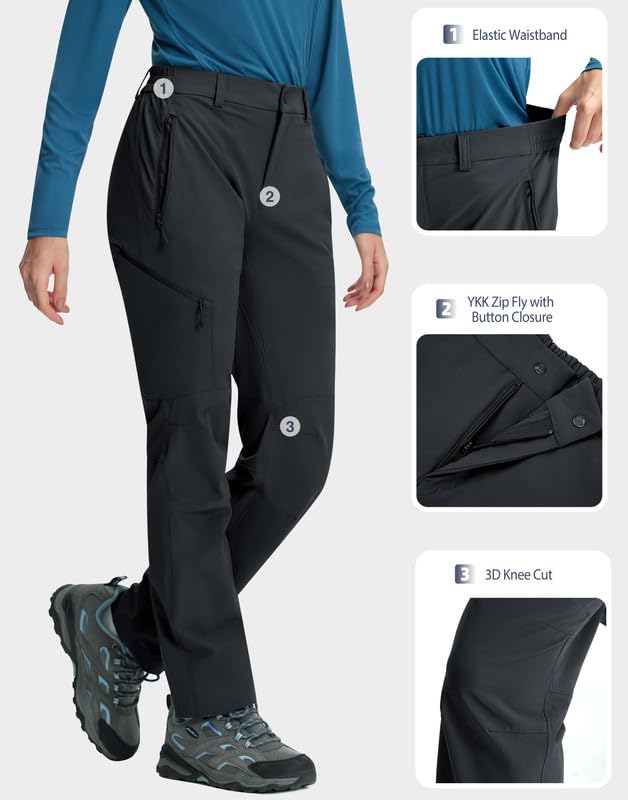 Pioneer Camp Funktionshose Damen Wasserdicht Outdoorhose Atmungsaktiv Elastische Bund Trekkinghose mit 4 Taschen Wanderhose Kurzgröße für Outdoor Wandern Trekking(Black;L