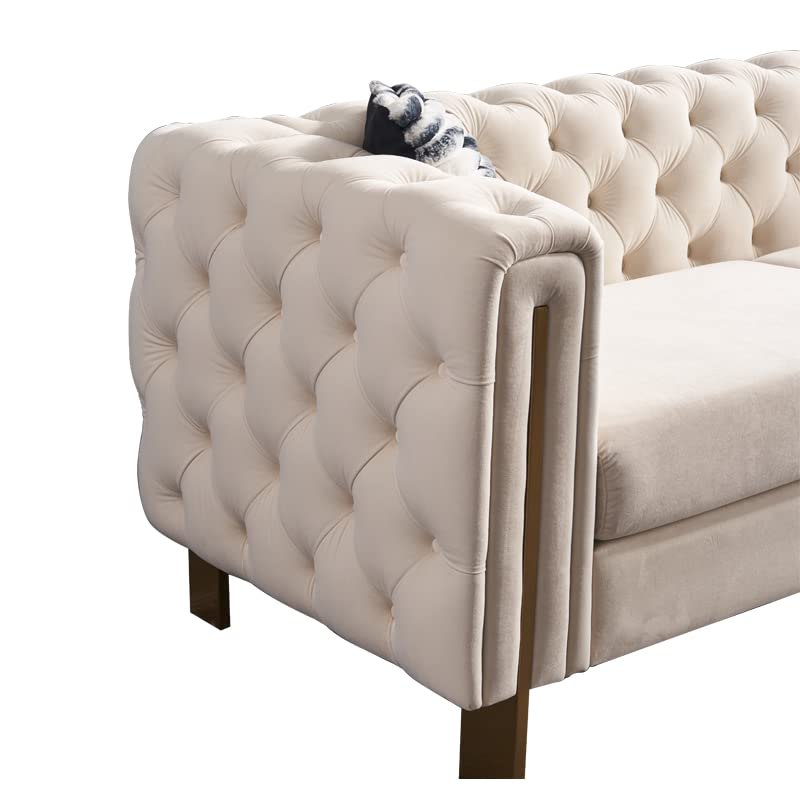 Image of KEIKI 84 inch Chesterfield Velvet Tufted Button Sofa with Removable Cushions and 2 Toss Pillows, Modern 3-Seater Couch with 4 Gold Metal Leg, Easy Assembly, for Living Room, Bedroom, Apartment, Cream