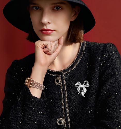 Image of Pearl Bow Knot Brooch Lapel Pin Ribbon Bowknot Pins Elegant Clothes Dress Sweater Hat Suit Backpack Corsage Accessories Brooches Fashion Birthday Christmas Jewelry Gifts for Women Mom