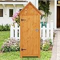 GarveeLife Outdoor Wood Storage Shed Cabinet, Wooden Garden Tool Sheds, Outside Vertical Organizer with Floor, Waterproof Roof, 3 Shelves, 4 Hooks and Lockable Door for Patio Hallway Backyard, Natural