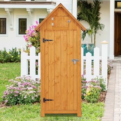 GarveeLife Outdoor Wood Storage Shed Cabinet, Wooden Garden Tool Sheds, Outside Vertical Organizer with Floor, Waterproof Roof, 3 Shelves, 4 Hooks and Lockable Door for Patio Hallway Backyard, Natural