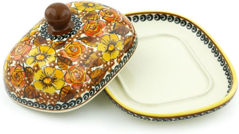 Polmedia Polish Pottery Butter Dish UNIKAT - Autumn Glow Pattern Handmade in Boleslawiec Poland + Certificate of Authenticity